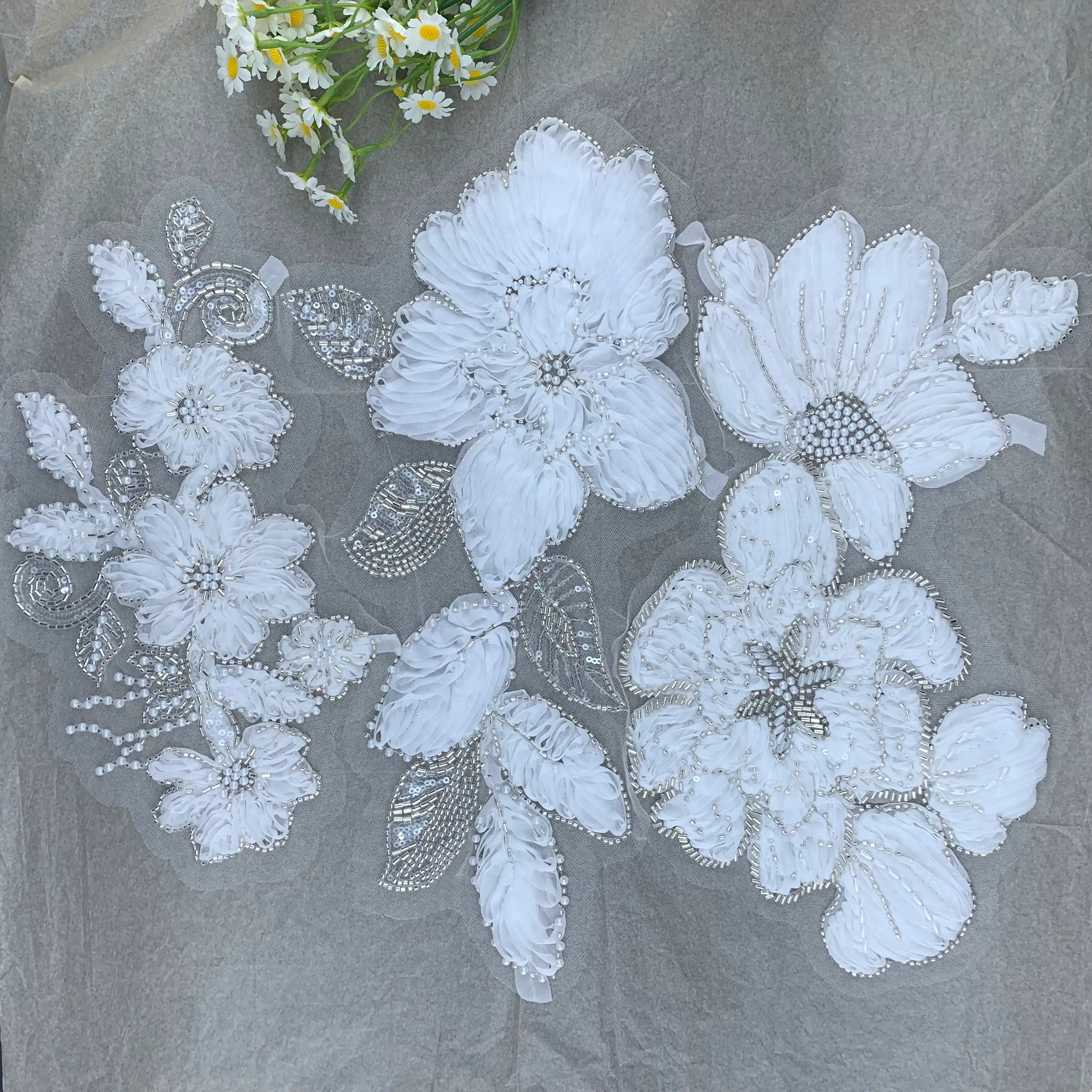 White 3D Bead Flower Applique Set