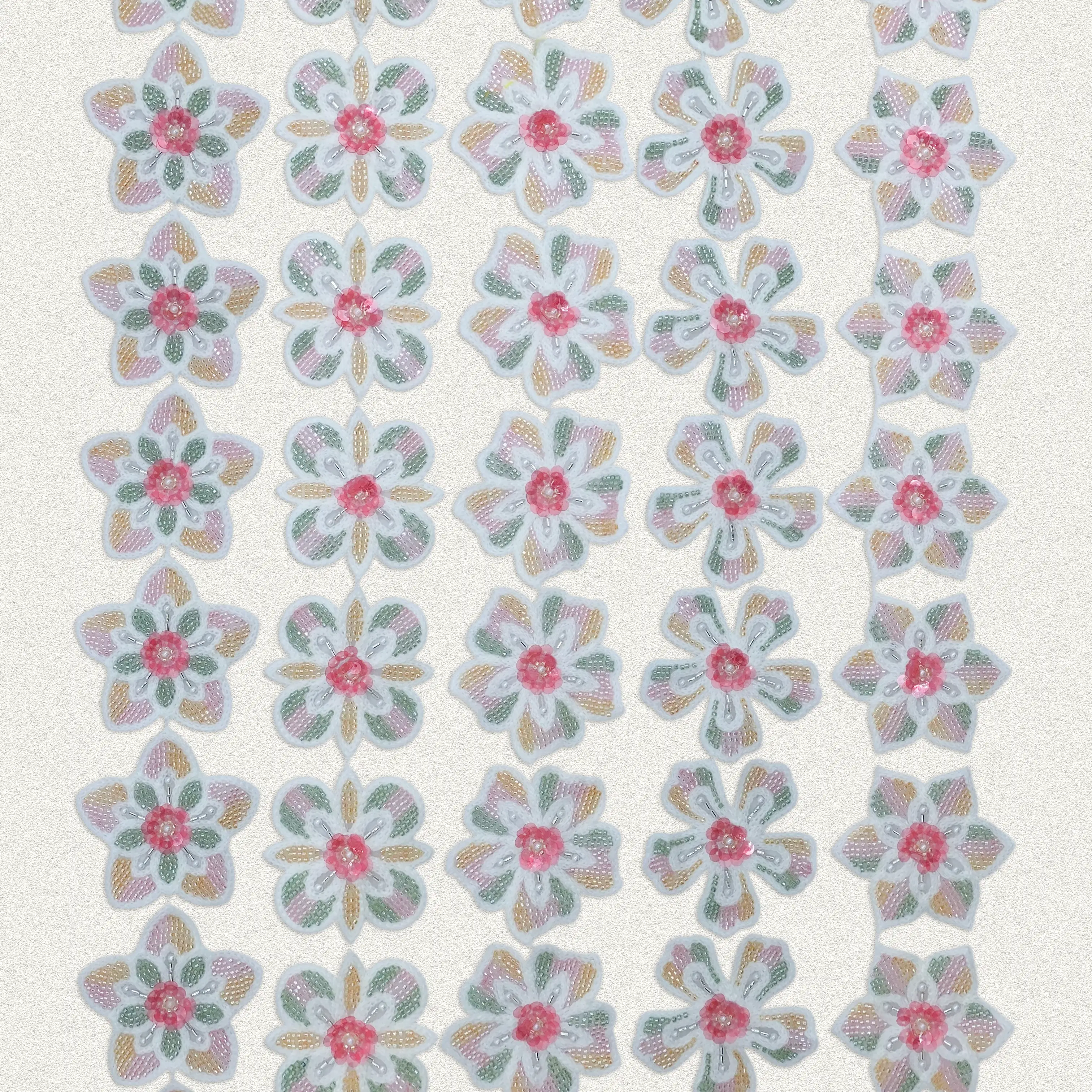 Mixed Towel Sequin Floral Chain Trim Soft Blue