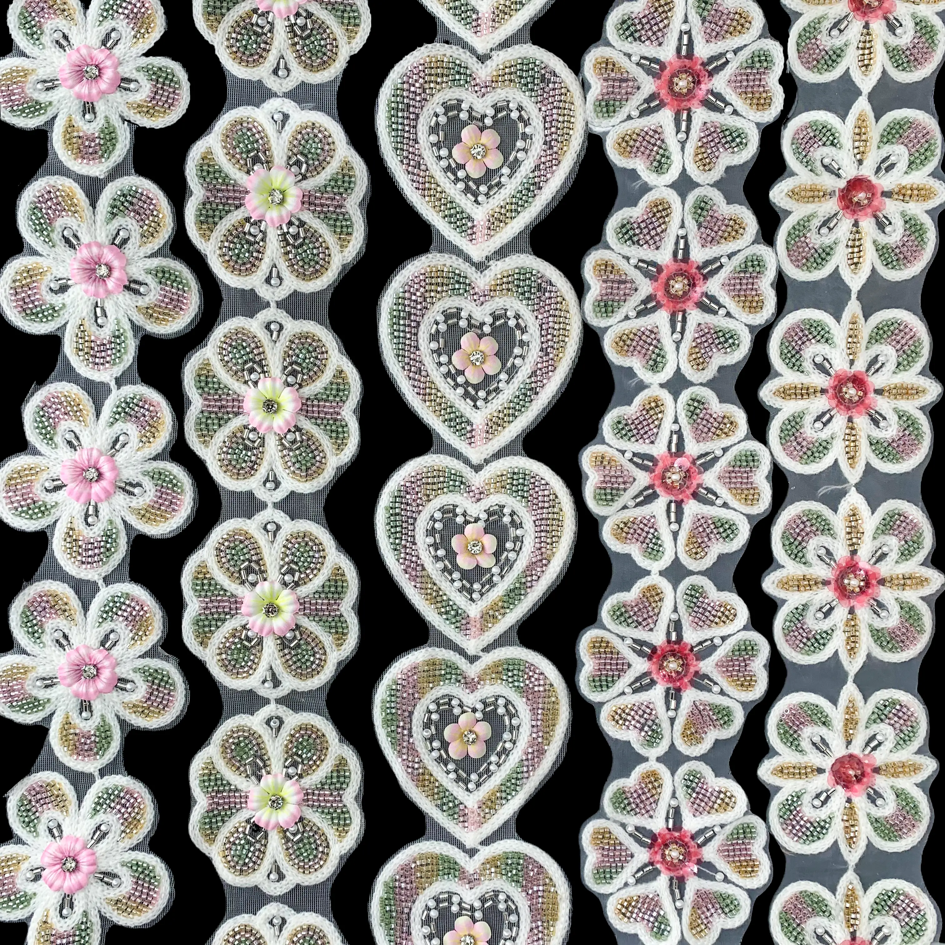 Mixed Towel Sequin Floral Heart Star Trim Closeup