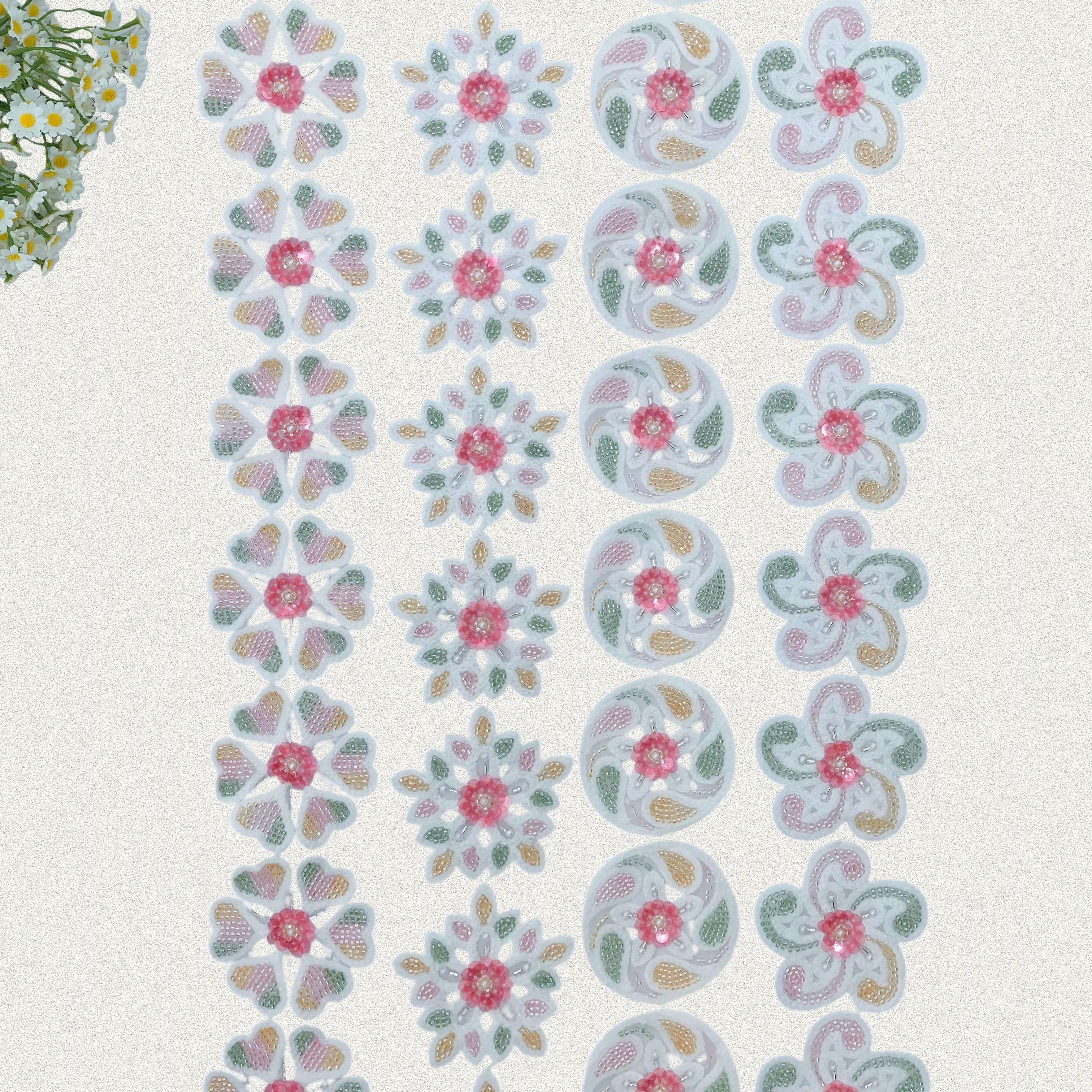 Mixed Towel Sequin Floral Swirl Plum Trim Light Blue