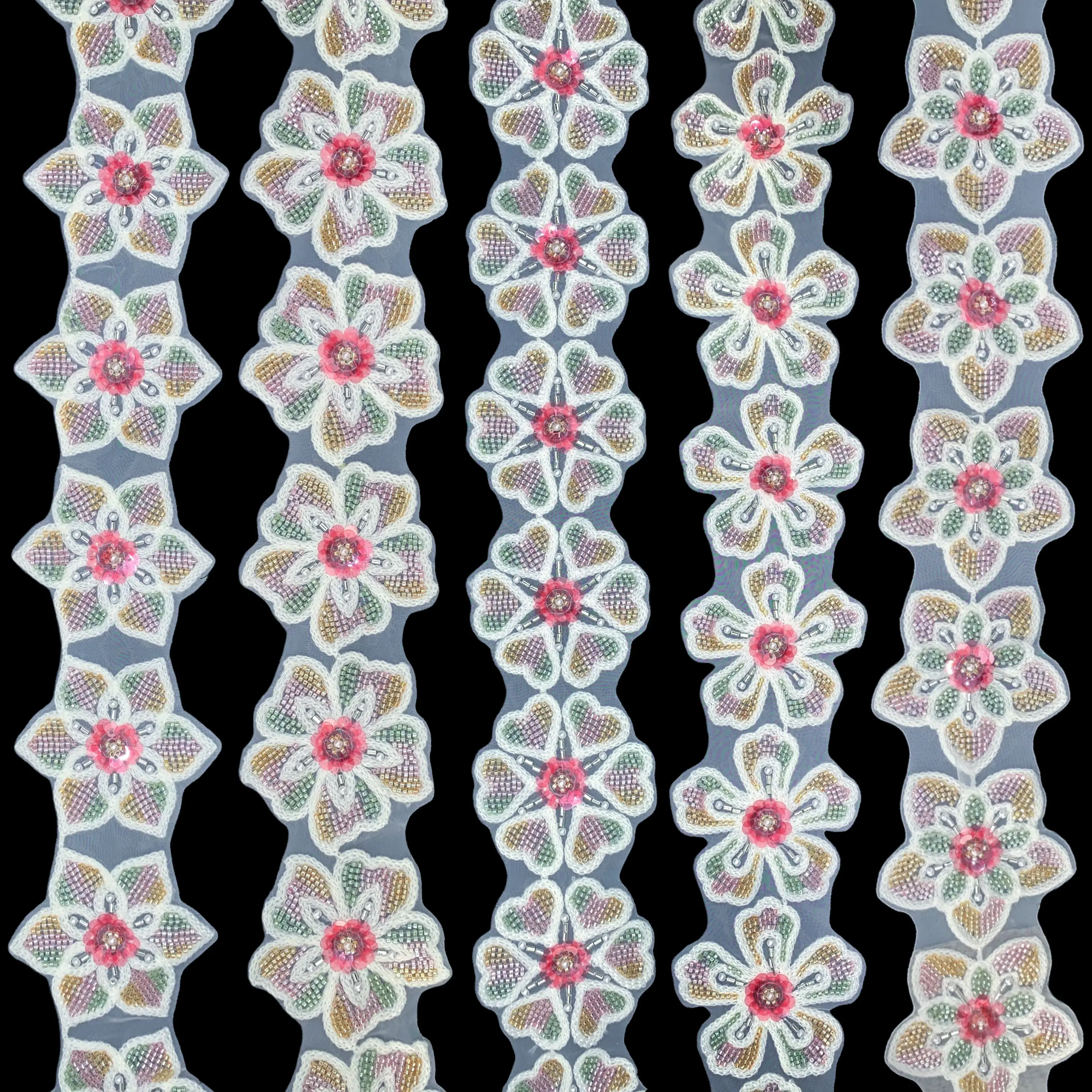 Mixed Towel Sequin Six-Petal Floral Strip Black