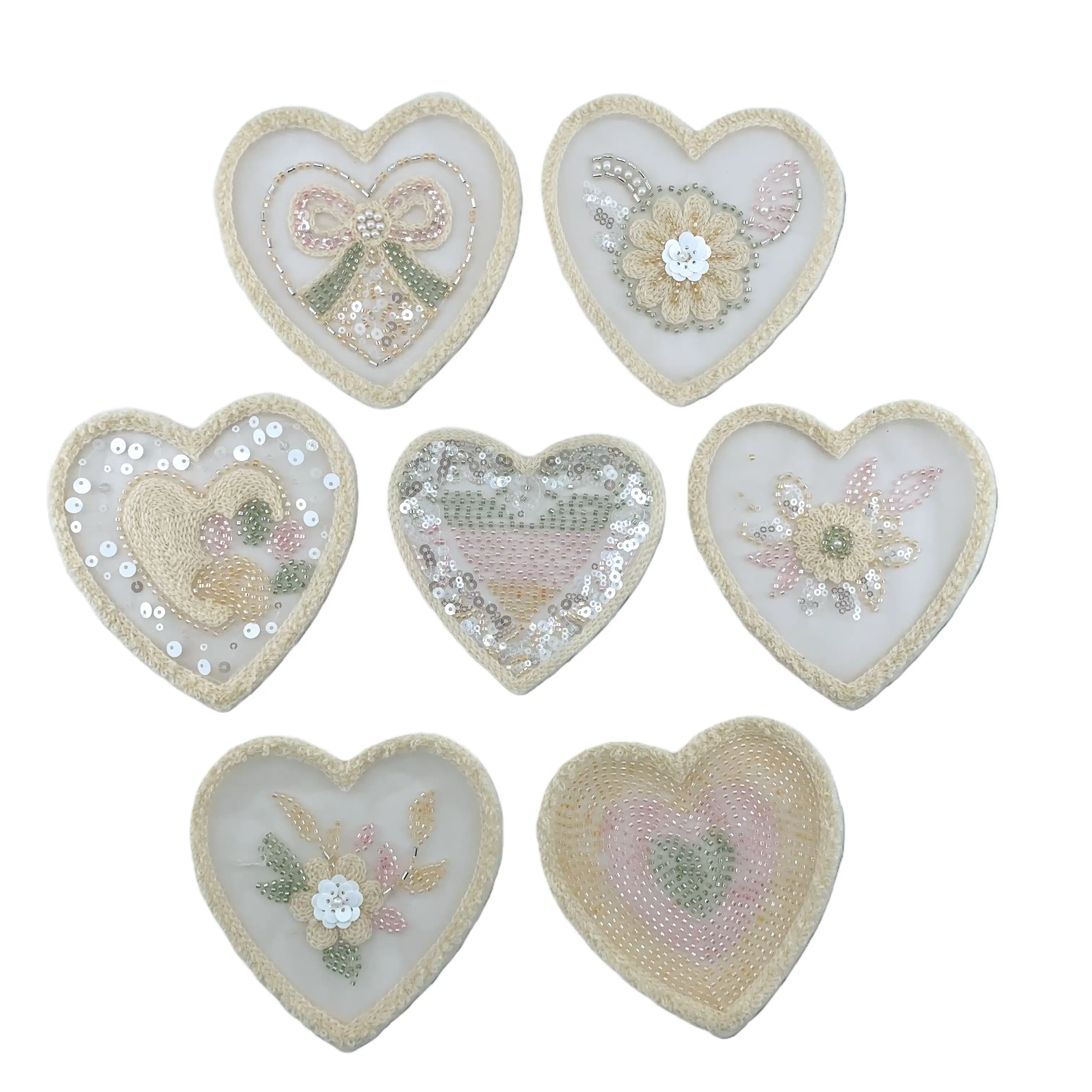 Towel Sequin Heart Applique Seven Styles Beige